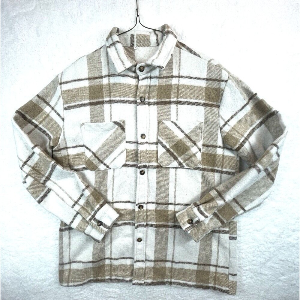 Plaid Flannel Shacket Adult Size Medium Khaki/White Manfinity Homme Jacket Y2K - Picture 1 of 9